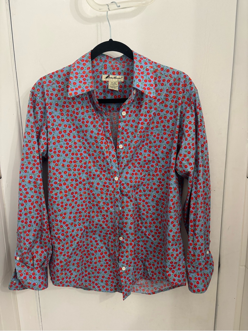 Eddie Bauer Light Blue Button-Down Shirt with Red Floral Print